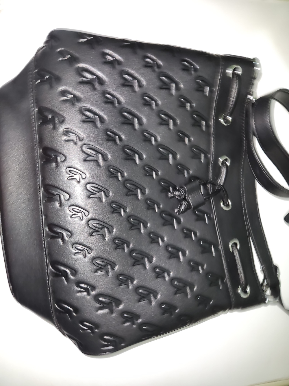 Embossed Black Crossbody Drawstring Bag